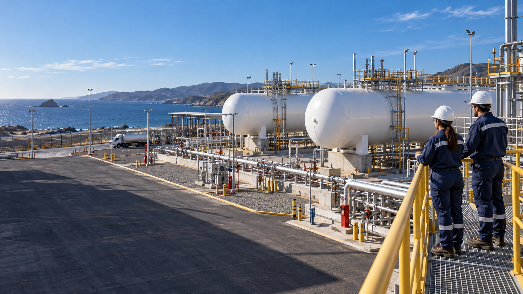 Escena ilustrativa de almacenamiento industrial de combustibles con profesionales en terreno