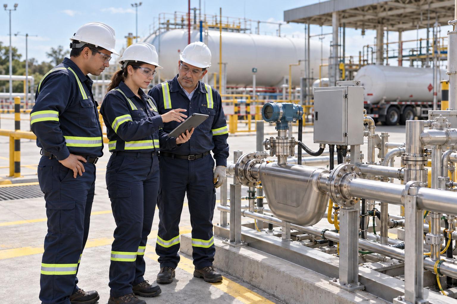 Escena ilustrativa de profesionales inspeccionando un sistema industrial de medición